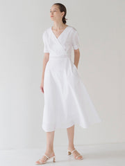 Elegant Short Sleeve V-Neck Cotton Poplin Midi Dress with Flared Hem and Tailored Waist