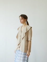 Soft Linen Blouse with Oversized Collar and Front Tie – Button-Down Puff Sleeve Top for Women