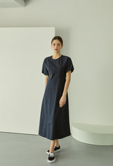 Cotton Poplin Midi Dress with Short Sleeves, Tailored Waist, and Elegant Flared Silhouette