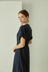 Cotton Poplin Midi Dress with Short Sleeves, Tailored Waist, and Elegant Flared Silhouette