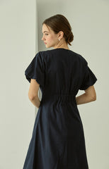 Cotton Poplin Midi Dress with Short Sleeves, Tailored Waist, and Elegant Flared Silhouette