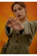 Women's Linen Button-Front Midi Dress with Round Neckline and Waist Tie for Everyday Elegance