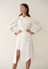 Asymmetric Button-Detail Linen Dress with Belted Waist and Puff Sleeves
