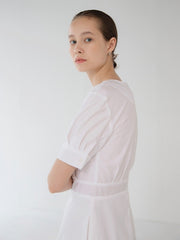 Elegant Short Sleeve V-Neck Cotton Poplin Midi Dress with Flared Hem and Tailored Waist