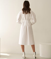 Asymmetric Button-Detail Linen Dress with Belted Waist and Puff Sleeves