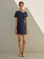 Off-Shoulder Linen Mini Dress with Asymmetrical Neckline and Adjustable Side Tie Detail