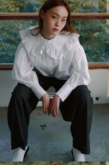Cotton Poplin Shirt with Ruffled Oversized Collar and Voluminous Puff Sleeves