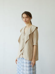 Soft Linen Blouse with Oversized Collar and Front Tie – Button-Down Puff Sleeve Top for Women