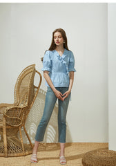 Ruffled Wrap Linen Blouse with Puff Sleeves and Tie Waist for Feminine Everyday Style