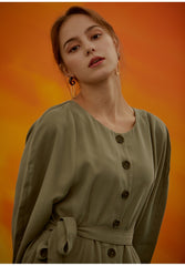 Women's Linen Button-Front Midi Dress with Round Neckline and Waist Tie for Everyday Elegance