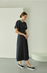 Cotton Poplin Midi Dress with Short Sleeves, Tailored Waist, and Elegant Flared Silhouette