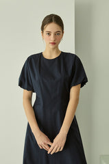 Cotton Poplin Midi Dress with Short Sleeves, Tailored Waist, and Elegant Flared Silhouette