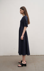 Women's Linen Puff Sleeve Midi Dress – Round Neck A-Line Dress with Button Back Detail