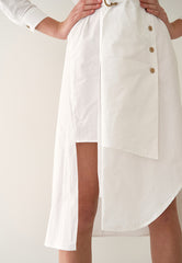 Asymmetric Button-Detail Linen Dress with Belted Waist and Puff Sleeves