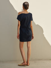 Off-Shoulder Linen Mini Dress with Asymmetrical Neckline and Adjustable Side Tie Detail