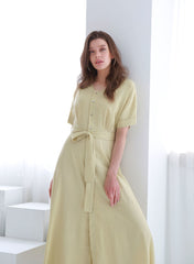 Belted Button-Down Midi Linen Dress with Short Sleeves and V-Neckline