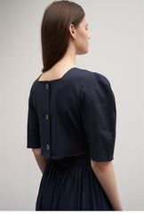 Women's Linen Puff Sleeve Midi Dress – Round Neck A-Line Dress with Button Back Detail