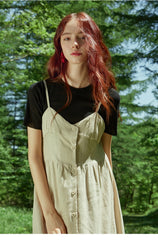 Asymmetric Button-Front Linen Dress with Spaghetti Straps and Flowing Skirt