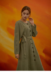 Women's Linen Button-Front Midi Dress with Round Neckline and Waist Tie for Everyday Elegance