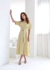 Belted Button-Down Midi Linen Dress with Short Sleeves and V-Neckline