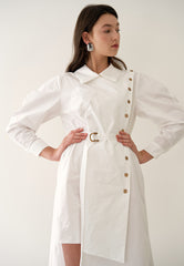 Asymmetric Button-Detail Linen Dress with Belted Waist and Puff Sleeves
