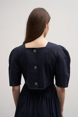 Women's Linen Puff Sleeve Midi Dress – Round Neck A-Line Dress with Button Back Detail