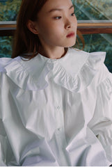 Cotton Poplin Shirt with Ruffled Oversized Collar and Voluminous Puff Sleeves