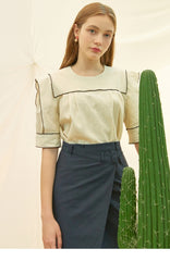 Asymmetric Wrap High-Waist Skirt in Linen Fabric with Minimalist Button Detail