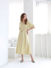 Belted Button-Down Midi Linen Dress with Short Sleeves and V-Neckline