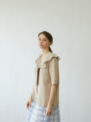 Soft Linen Blouse with Oversized Collar and Front Tie – Button-Down Puff Sleeve Top for Women