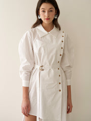 Asymmetric Button-Detail Linen Dress with Belted Waist and Puff Sleeves
