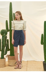 Asymmetric Wrap High-Waist Skirt in Linen Fabric with Minimalist Button Detail