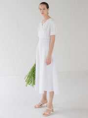 Elegant Short Sleeve V-Neck Cotton Poplin Midi Dress with Flared Hem and Tailored Waist