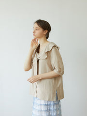 Soft Linen Blouse with Oversized Collar and Front Tie – Button-Down Puff Sleeve Top for Women