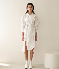 Asymmetric Button-Detail Linen Dress with Belted Waist and Puff Sleeves