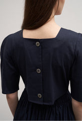 Women's Linen Puff Sleeve Midi Dress – Round Neck A-Line Dress with Button Back Detail