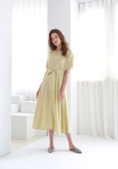 Belted Button-Down Midi Linen Dress with Short Sleeves and V-Neckline
