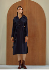 Long Sleeve Silk Midi Dress with Waist Tie, V-Neckline, and Elegant Button-Front Detail