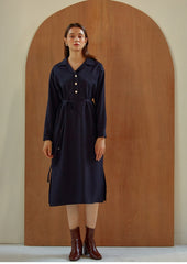 Long Sleeve Silk Midi Dress with Waist Tie, V-Neckline, and Elegant Button-Front Detail