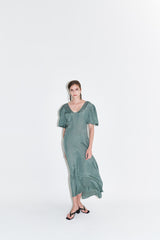 Silk Midi Dress for Women with Puff Short Sleeves and Scoop Neckline – Flared Skirt and Tailored Fit