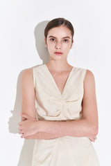 Sleeveless Linen Midi Dress for Women with V-Neckline and Draped Waist Detail – Flared Skirt