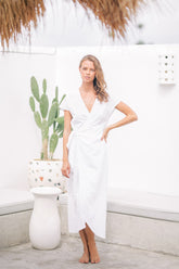 Elegant Wrap-Style Midi Dress in Pure Linen with Cap Sleeves and Waist Tie