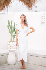 Elegant Wrap-Style Midi Dress in Pure Linen with Cap Sleeves and Waist Tie
