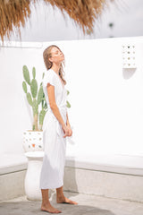 Elegant Wrap-Style Midi Dress in Pure Linen with Cap Sleeves and Waist Tie