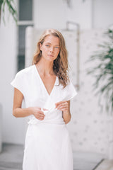 Elegant Wrap-Style Midi Dress in Pure Linen with Cap Sleeves and Waist Tie