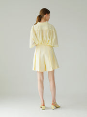 High-Waisted Linen Short Skirt with Box Pleats and Tailored A-Line Silhouette