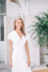 Elegant Wrap-Style Midi Dress in Pure Linen with Cap Sleeves and Waist Tie