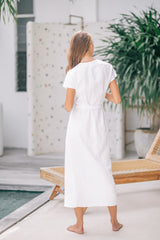 Elegant Wrap-Style Midi Dress in Pure Linen with Cap Sleeves and Waist Tie