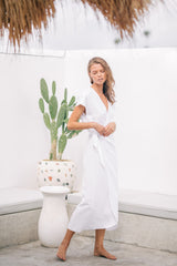 Elegant Wrap-Style Midi Dress in Pure Linen with Cap Sleeves and Waist Tie