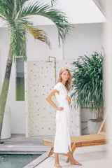 Elegant Wrap-Style Midi Dress in Pure Linen with Cap Sleeves and Waist Tie